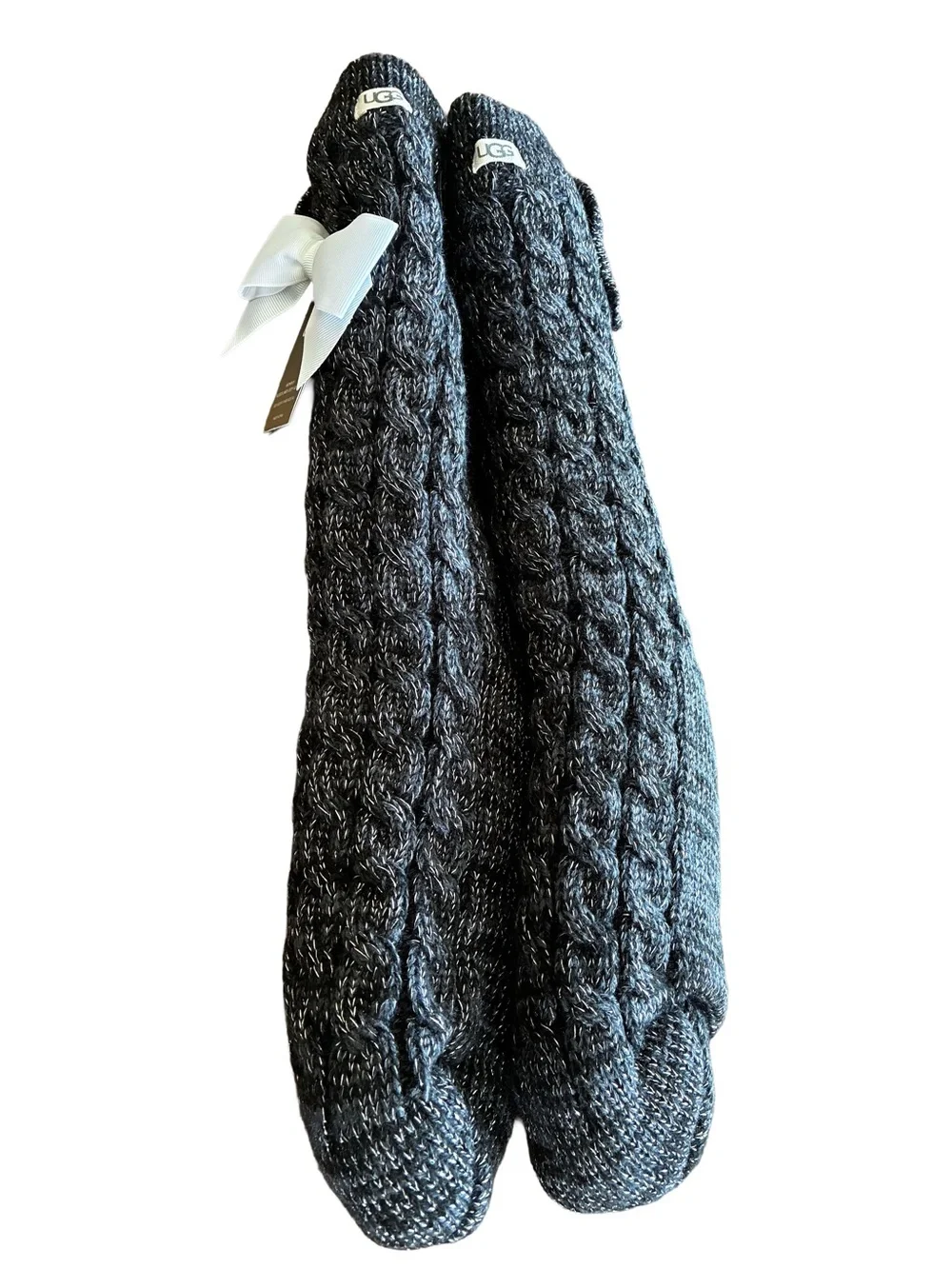 NWT UGG Laila Bow Fleece Lined Cable Knit Socks Black Silver OS